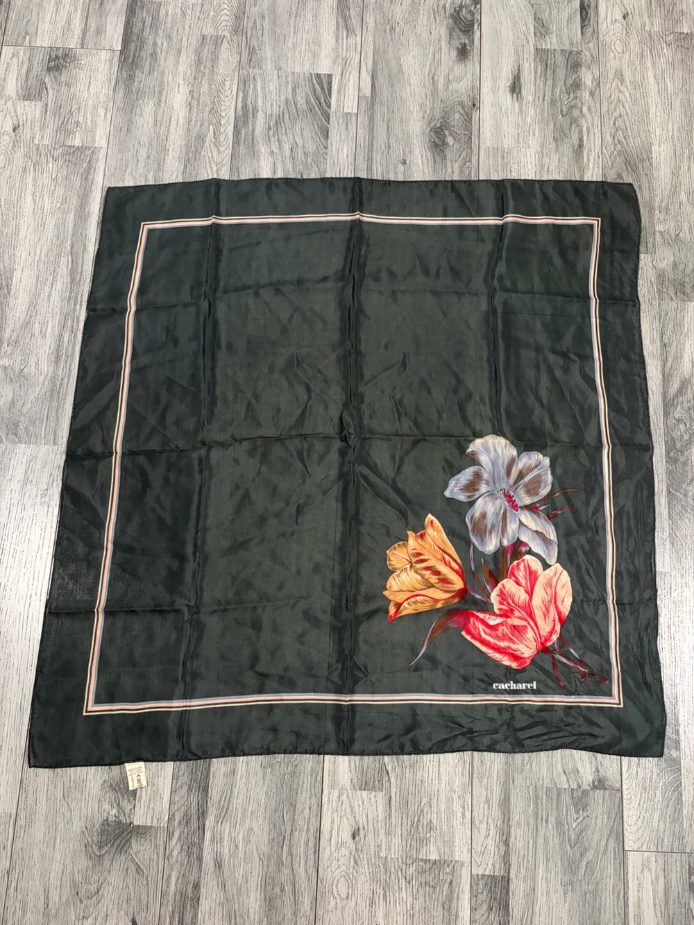 Cacharel Dark Green Floral Silk Scarf with Red and Yellow Blooms